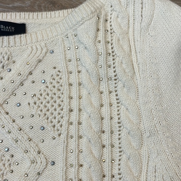 WHBM Rhinestone Embellished Wool Blend Cream Cable Knit Sweater Size Small - Picture 5 of 14